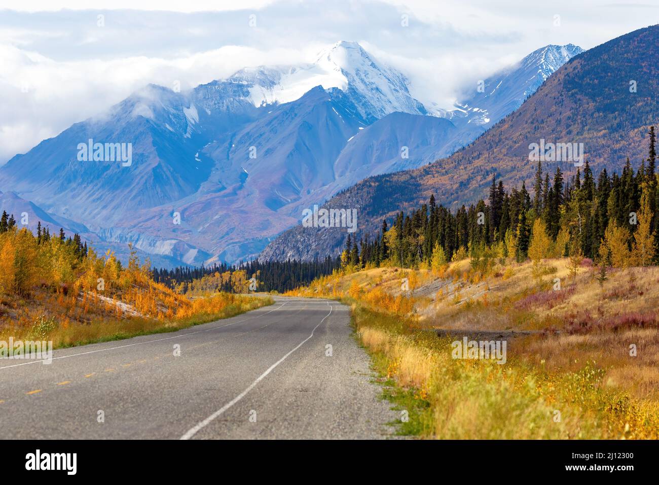 Landschaftlich reizvolle Herbstfahrt auf dem Alaska Highway in Richtung Haines Junction, Yukon Territory, Kanada. Stockfoto