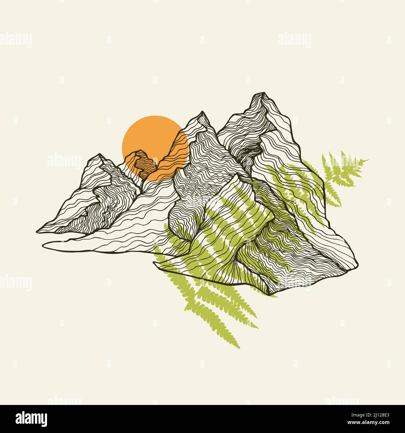 Vektorgrafik für Berge, Sonne und Farnlinie. Vektor-Illustration für Textildrucke, Karten, Design, Logo. Stock Vektor
