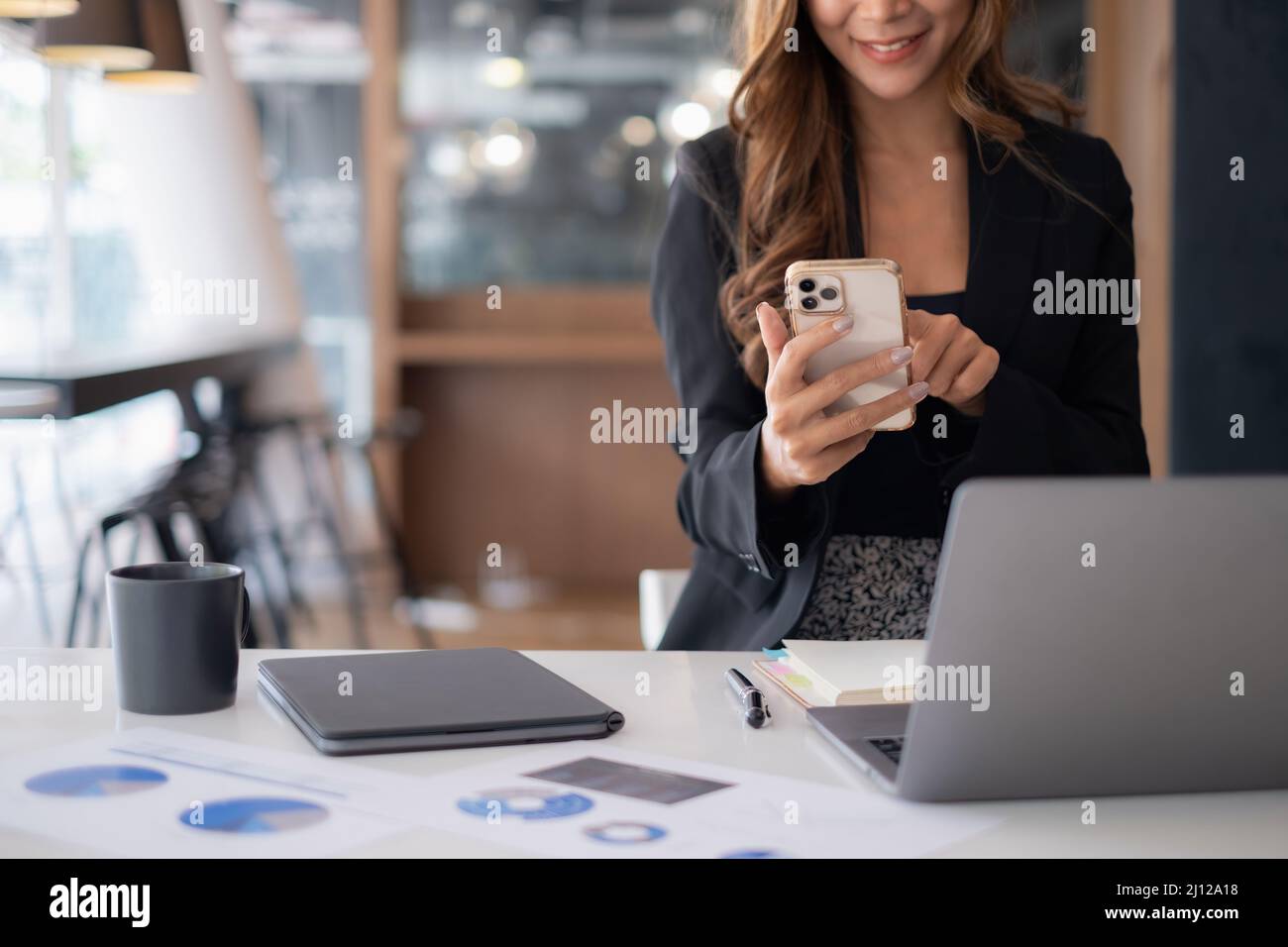 Eine Geschäftsfrau vervollständigt KYC mithilfe eines Online-Banking-Programms, um ein digitales Sparkonto zu eröffnen. Die Definition von Cyber-Sicherheit. Stockfoto