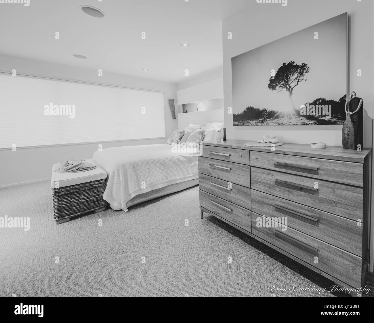 Monochrome Inneneinrichtung, Schlafzimmer in modernen, frischen, gedeckten Farben Stockfoto