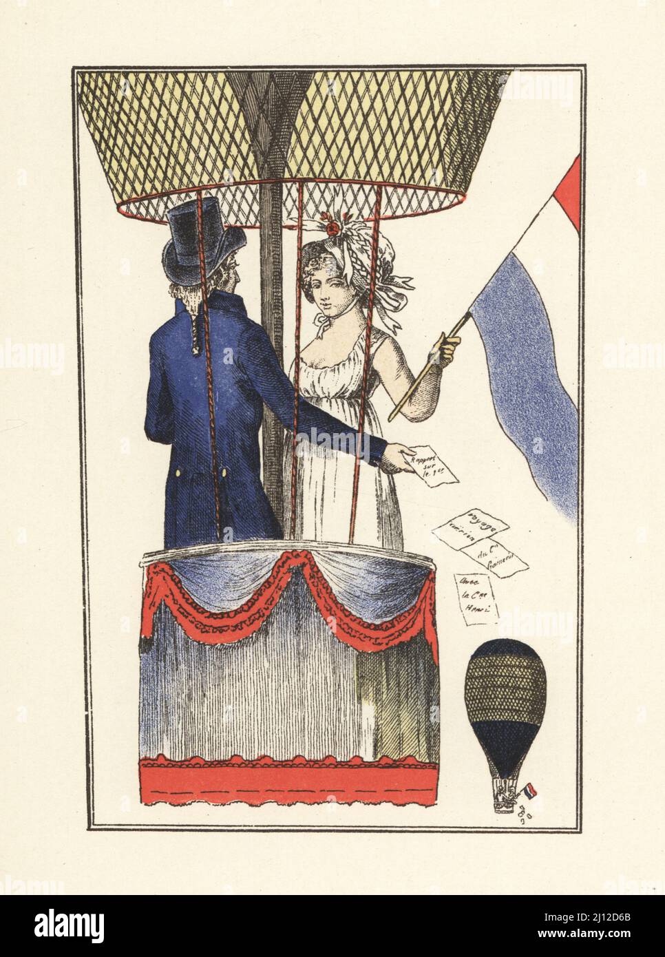 Zweite Ballonbesteigung von Dr. Andre-Jacques Garnerin mit Citizen Henri im Parc Monceau, Paris, 8. Juli 1798. Seconde Ascension du Physicien Garnerin avec le Citoyenne Henri au Parc de Mousseaux, le 5 Thermidor an 6. Kopiert aus Le Journal des Dames et des Modes, an VI, Ergänzung zu Costumes Parisiens. Handkolorierte Chorlithographie von Marcel Bry aus Raymonde Sees Le Costume de la Revolution a nos Jours, Editions de la Gazette des Beaux-Arts, Paris, 1929. Stockfoto