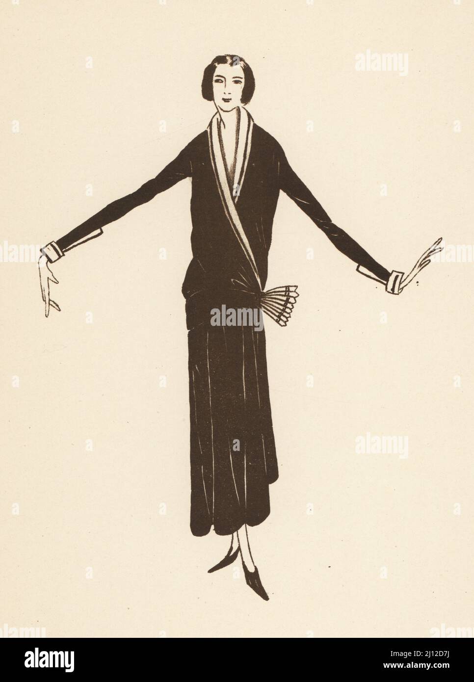 Modische Frau in einem Kleid im Kimono-Stil, 1920s. Robe manteau de Jean Patou. Lithographie von Marcel Bry nach einer Skizze von Jean Patou aus Raymonde Sees Le Costume de la Revolution a nos Jours, Editions de la Gazette des Beaux-Arts, Paris, 1929. Stockfoto