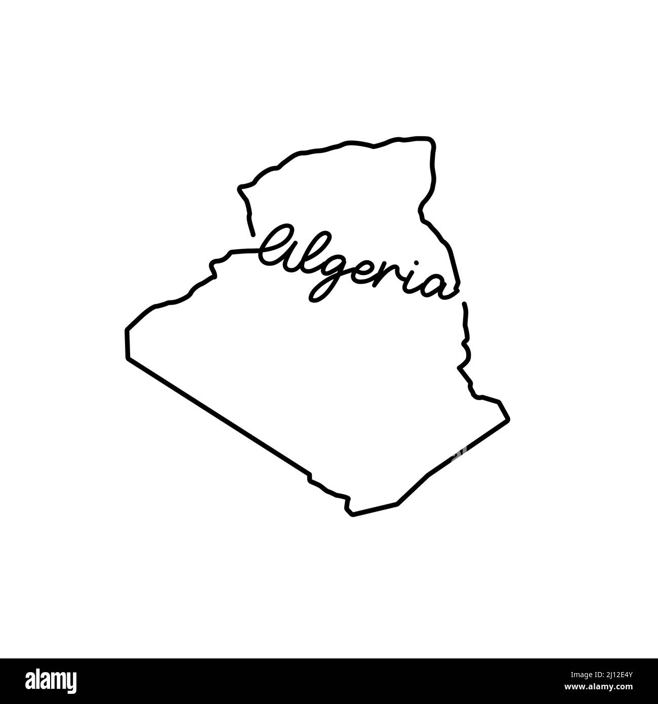 Algerien skizzieren Karte mit dem handschriftlichen Namen des Landes. Kontinuierliche Linienzeichnung des patriotischen Heimatzeichens. Eine Liebe für eine kleine Heimat. Idee mit T-Shirt-Druck Stock Vektor