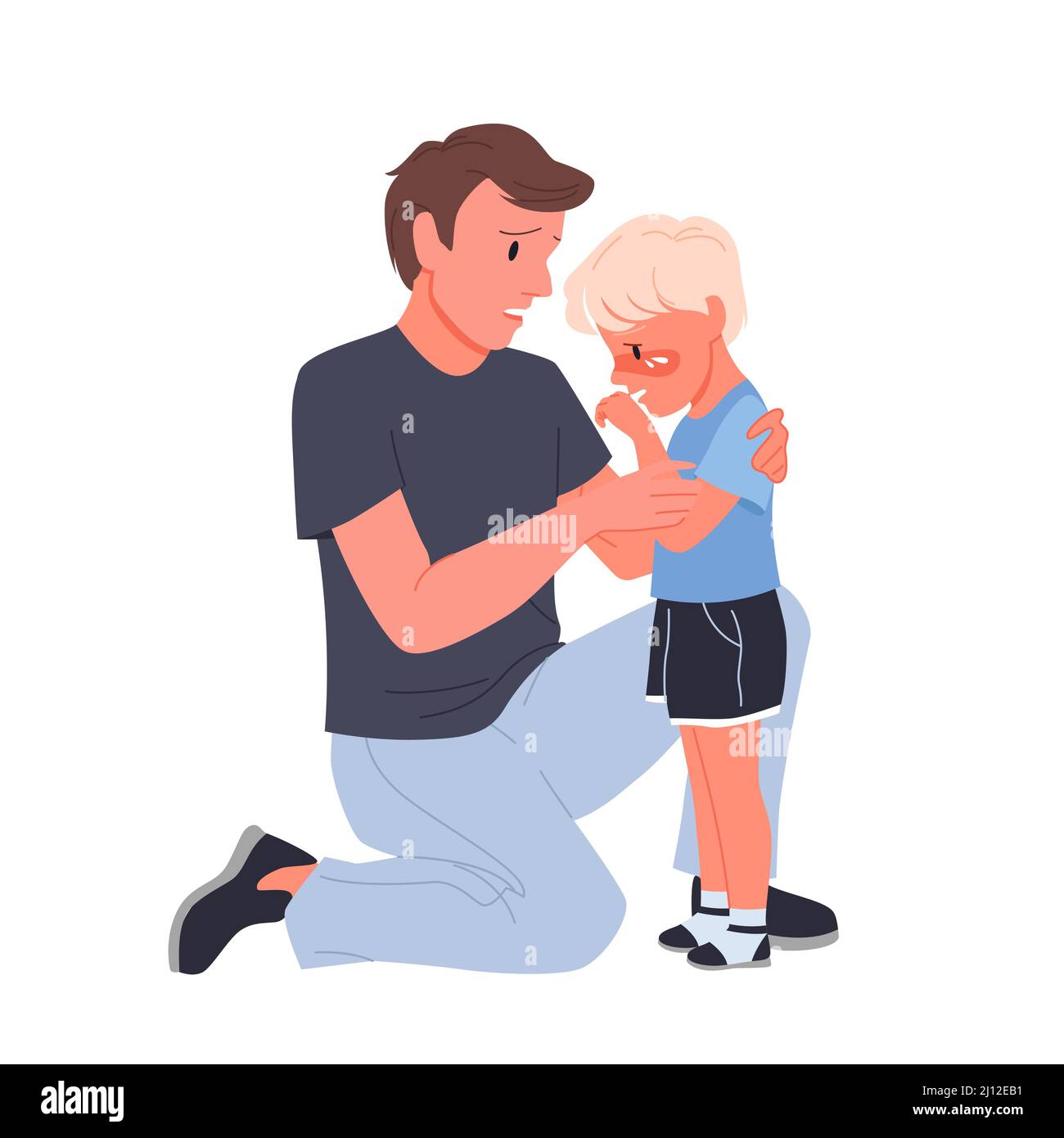 Beunruhigender Vater beruhigt und tröstet seinen kleinen weinenden Jungen Stock Vektor