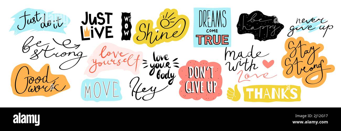 Gib niemals auf, liebe dich selbst, sei stark, sei glücklich isoliert auf Weiß. Inspirierender Slogan als Vektorgrafik. Handschriftliche kalligrafische Zitate und Stock Vektor