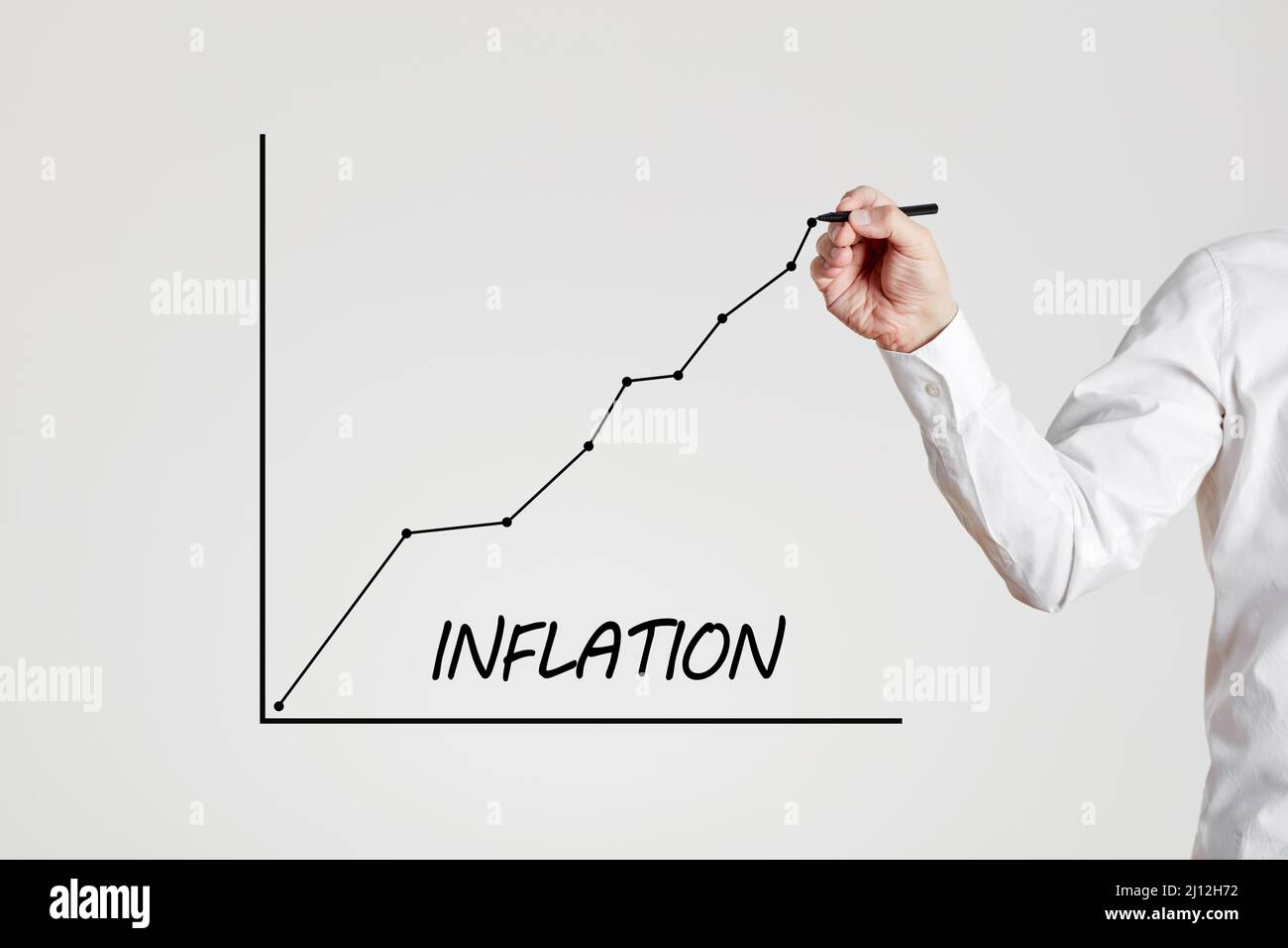 Die Businessman Hand zeichnet eine steigende Liniengrafik mit dem Wort Inflation. Konzept für steigende Inflation und Wirtschaftskrise. Stockfoto