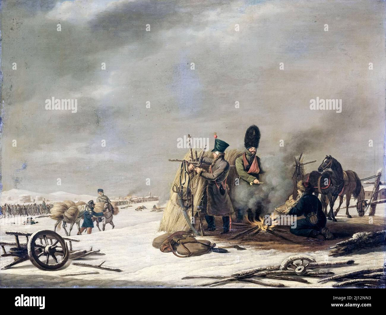 Biwak in Molodechno, 3..-4.. Dezember 1812, Napoleons Rückzug aus Russland, Öl auf Tafelmalerei von Johannes Hari I, 1816 Stockfoto
