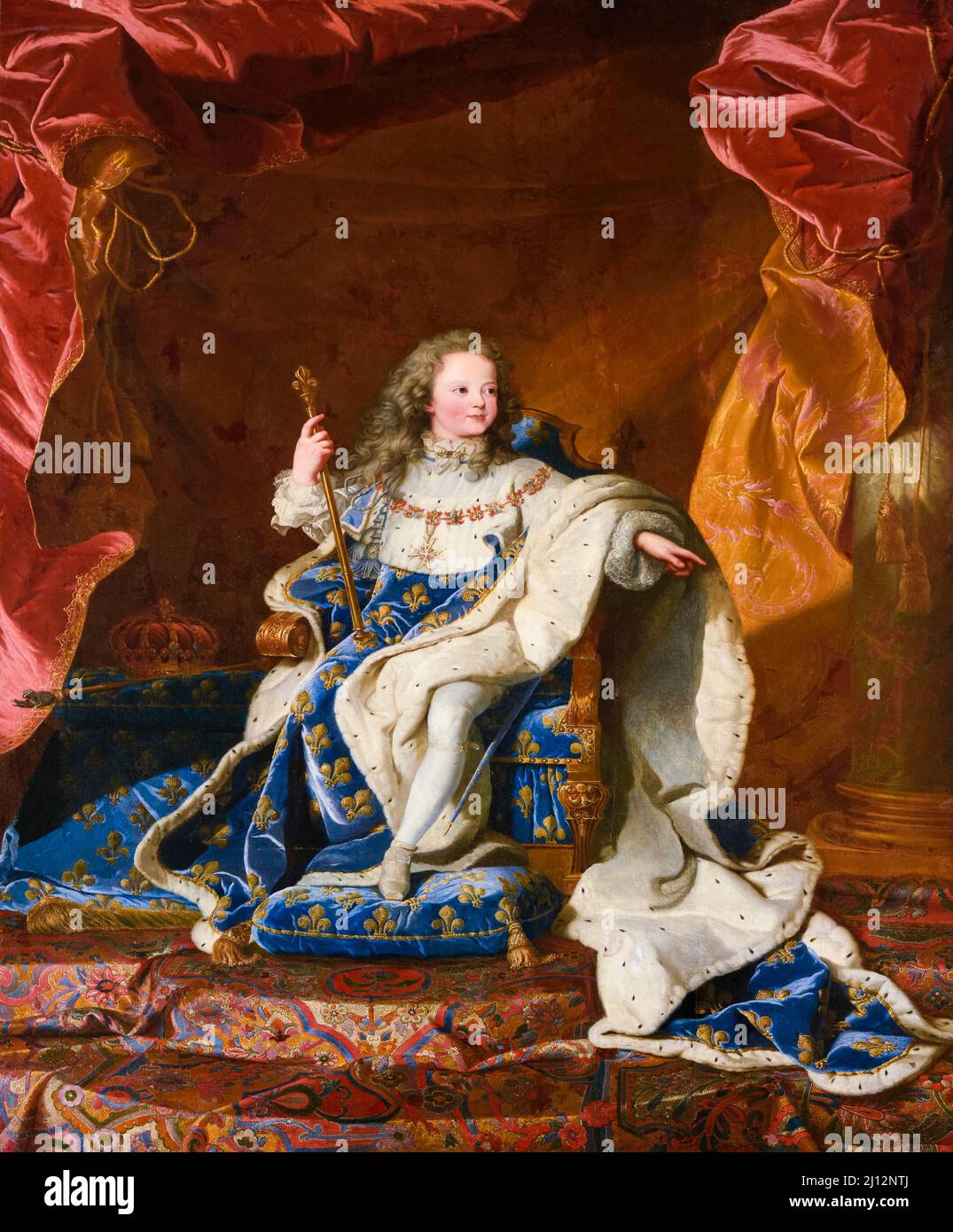 Ludwig XV. König von Frankreich und Navarra als Junge in Krönungsroben, Öl auf Leinwand Porträtmalerei von Hyacinthe Rigaud und Werkstatt, 1720 Stockfoto