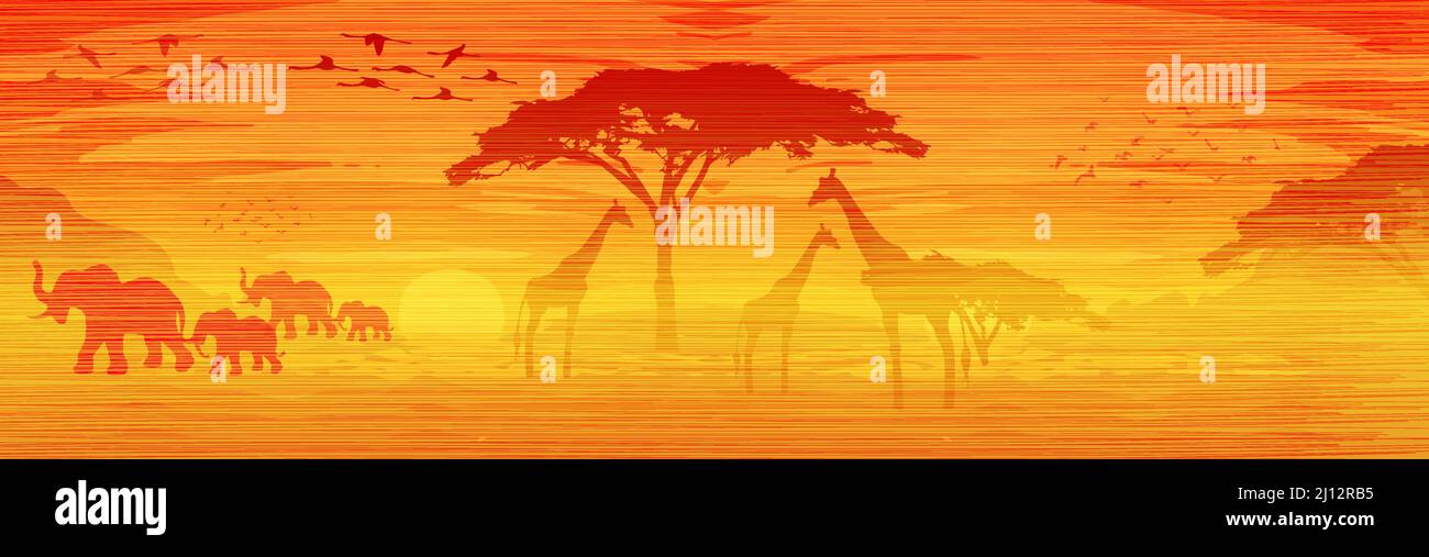 Afrikanische Savannenlandschaft bei Sonnenuntergang, Silhouetten von Tieren und Pflanzen, Natur Afrikas. Reservate und Nationalparks, orange Vektor Batik Hintergrund Stock Vektor