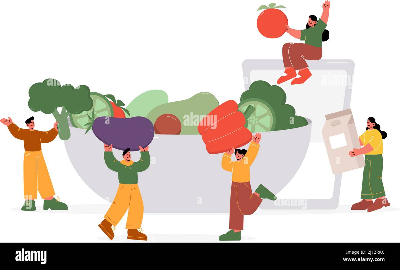 Gesunde Ernährung Konzept mit Menschen tragen Gemüse zu Schüssel. Vektor flache Illustration von Männern und Frauen mit Bio-Produkten, große frische Tomaten, Brokkoli, Auberginen, Milchbox und Glas Stock Vektor