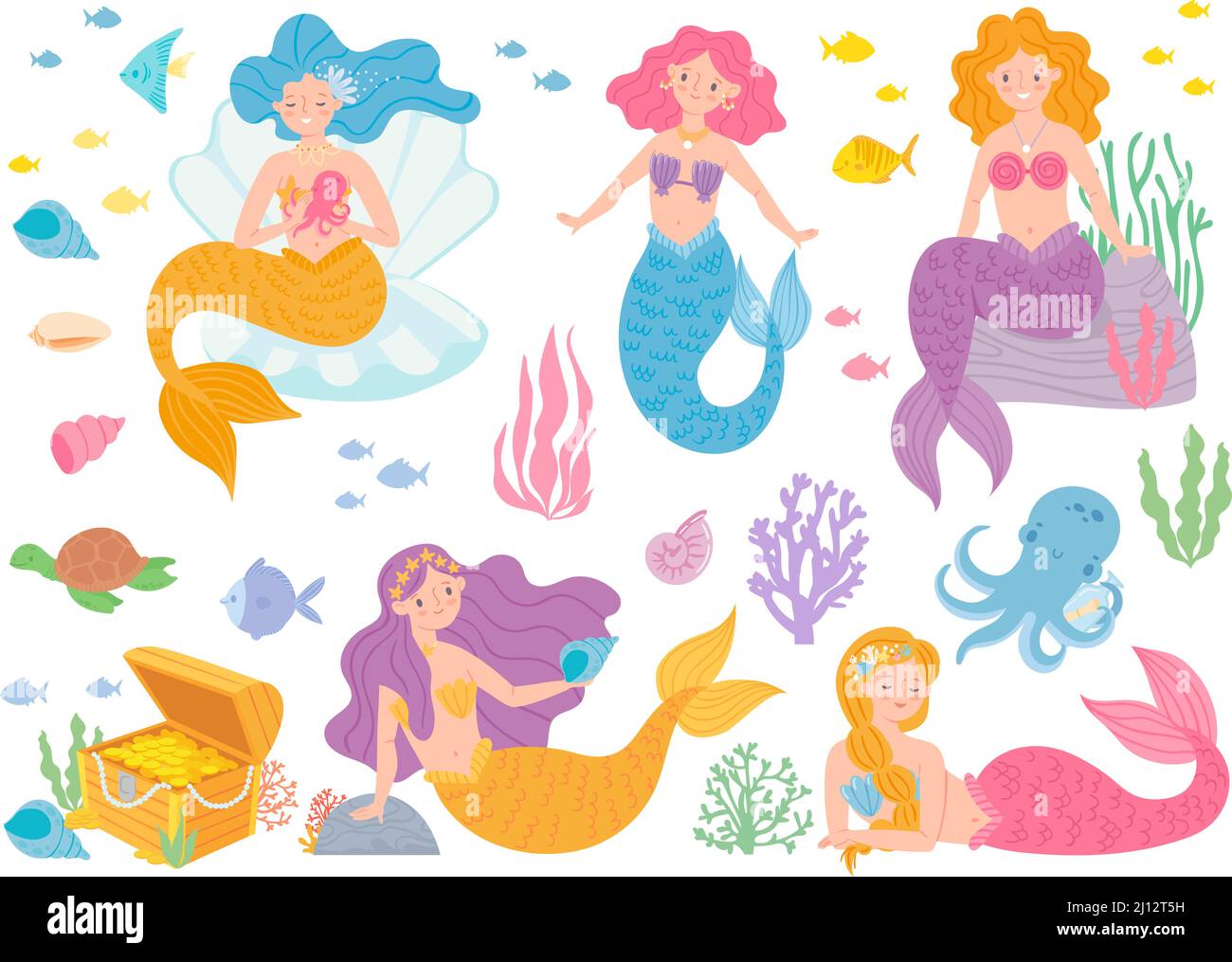 Niedliche Meerjungfrauen. Schöne Mädchen leben unter Wasser mit Fischen, Schildkröten, Korallen und Tintenfisch. Fabelwesen Stock Vektor