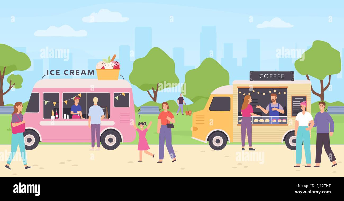 Kiosk-Hersteller. Straßenmarkt mit Lastwagen, die Bäckerei, Kaffeegetränke und Eis verkaufen. Menschen, die im Park spazieren und Snacks kaufen Stock Vektor