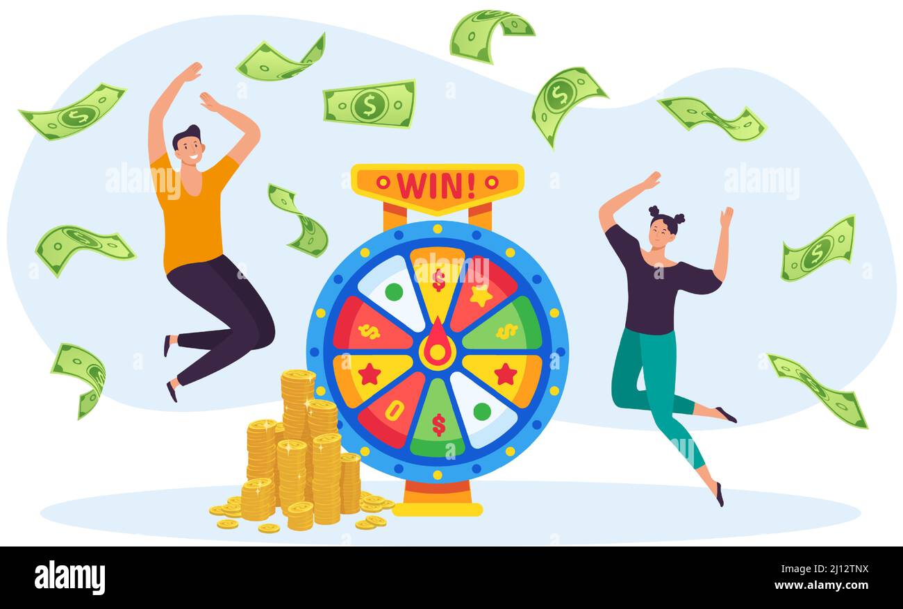 Online Lotterie Spiel Konzept. Mann und Frau gewinnen Jackpot auf Spinning Wheel. Charaktere springen, Geldscheine fallen Stock Vektor