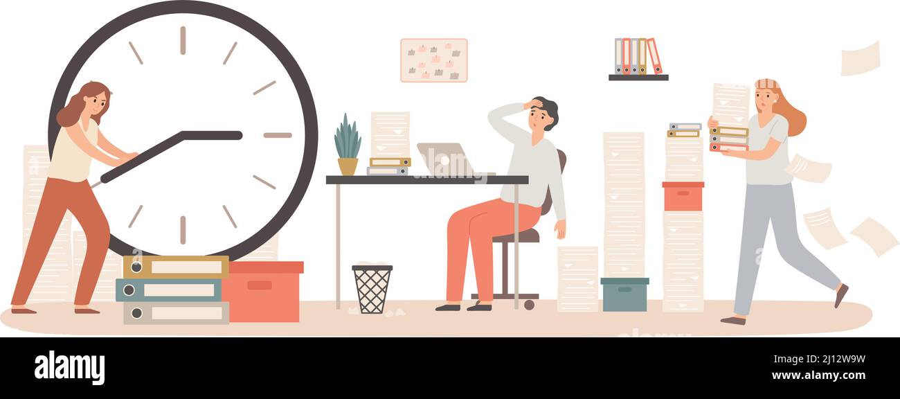 Zeitmanagement mit Business Deadline Clock Konzept. Erschöpfte Frau, die mit einem Laptop am Schreibtisch saß. Mitarbeiter, der die Wählpfeile hält Stock Vektor