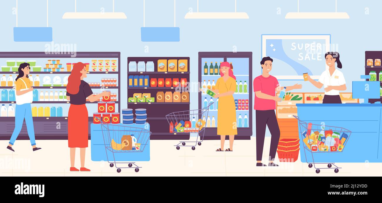 Menschen im Supermarkt, die Lebensmittel auswählen und in Trolleys stellen. Mann und Frau kaufen Produkte im Lebensmittelgeschäft Stock Vektor