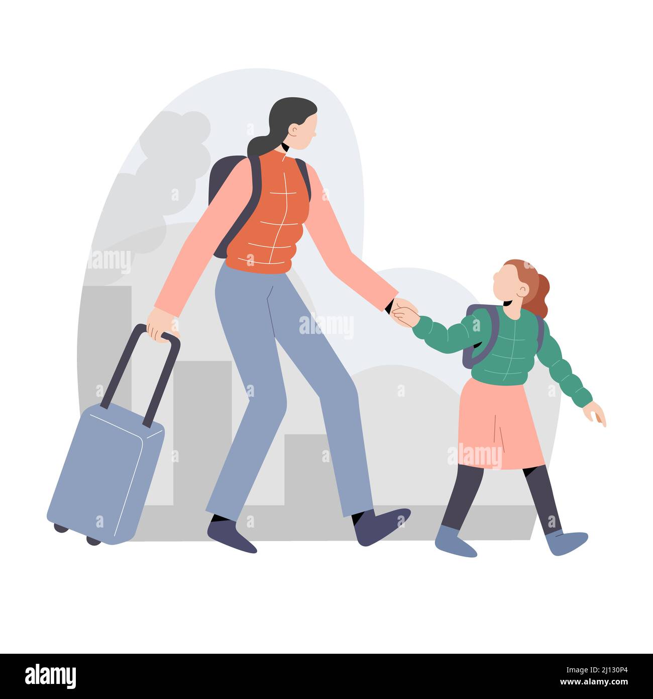 Weibliche Flüchtlinge, die vor Kriegskonflikten fliehen, junge Frau und Tochter, die vor Kriegskonflikten fliehen, die Hände halten, einen Koffer ziehen, editierbarer Vektor Stock Vektor