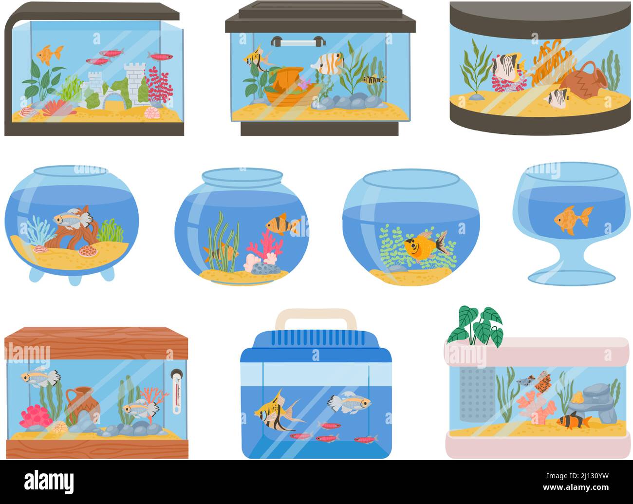 Cartoon-Aquarien mit Fischen, Korallen, Pflanzen und Dekor. Aquarium mit Unterwasser-Haustieren und Algen. Glas Fischschalen Vektor-Set Stock Vektor