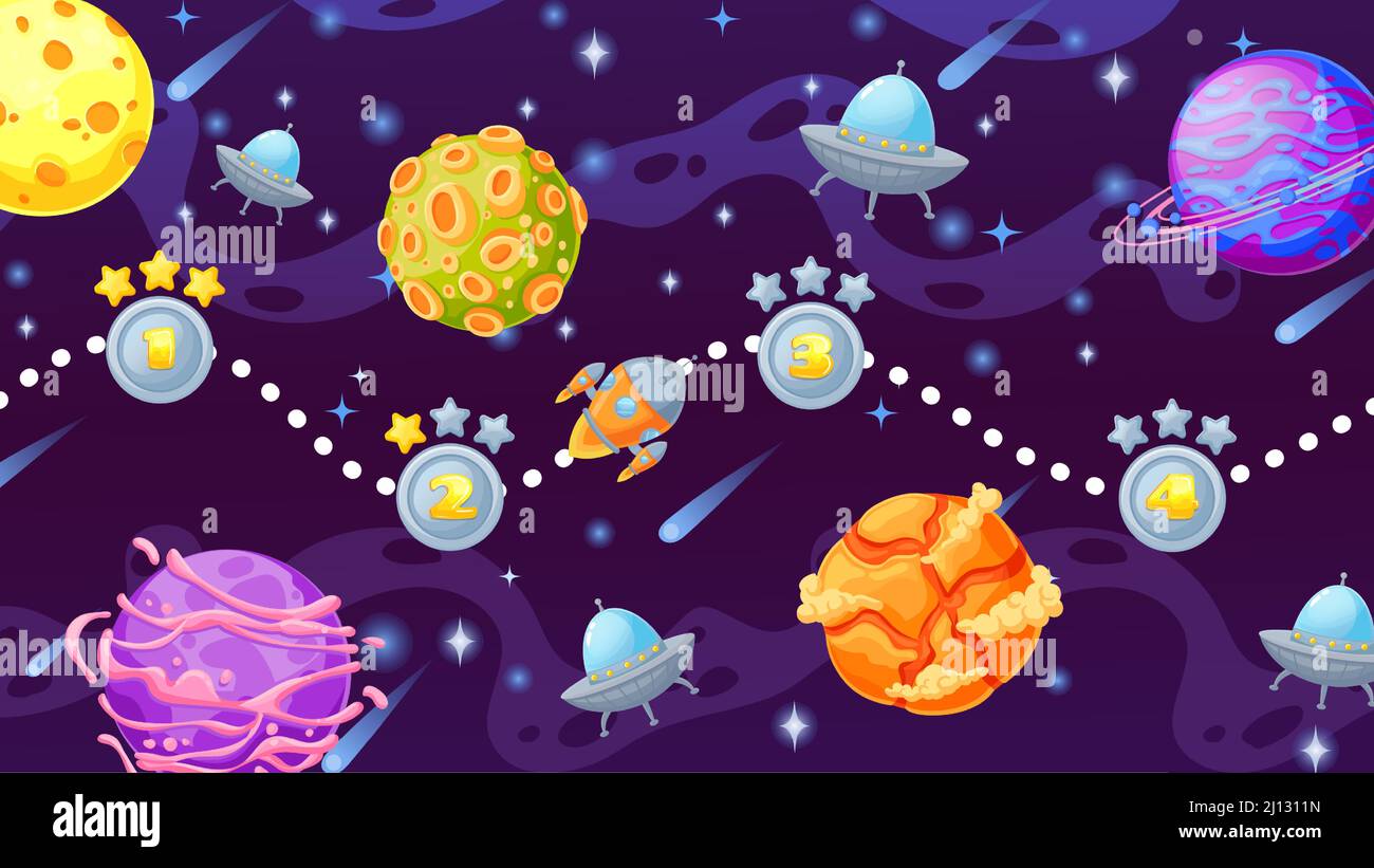 Cartoon-Raum-Spiel-Level-Karte mit Planeten und Rakete. Cosmic ui-Bildschirm für Computer-Arcade mit Raumschiff, Sterne-Galaxie und ufo-Vektor-Szene Stock Vektor