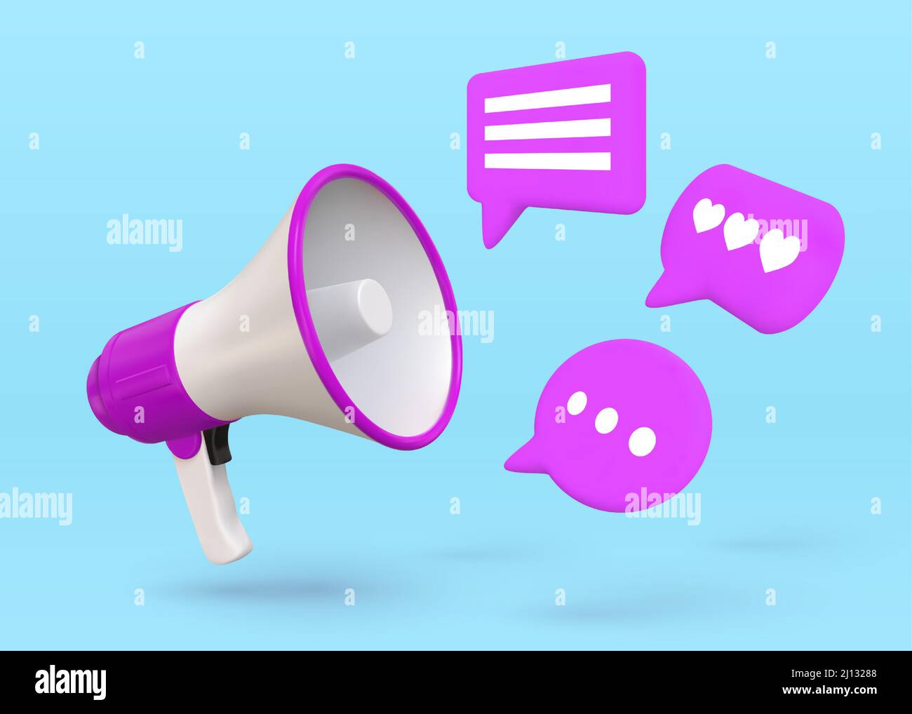 Marketingposter mit 3D Megafon-Lautsprecher und Chat-Blasen. Social Network Werbung, Einstellung ankündigen oder Stellenangebot Vektor-Konzept Stock Vektor