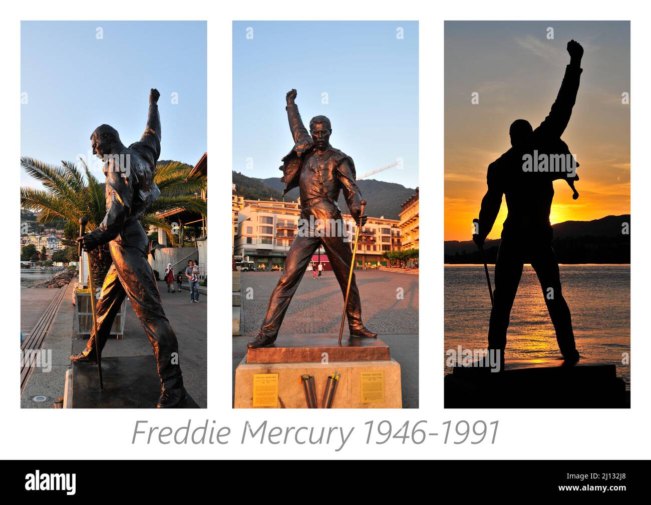 Rund um die Schweiz - Ein Triptychon der Statue von Freddie Mercury am Ufer des Genfer Sees, Schweiz Stockfoto