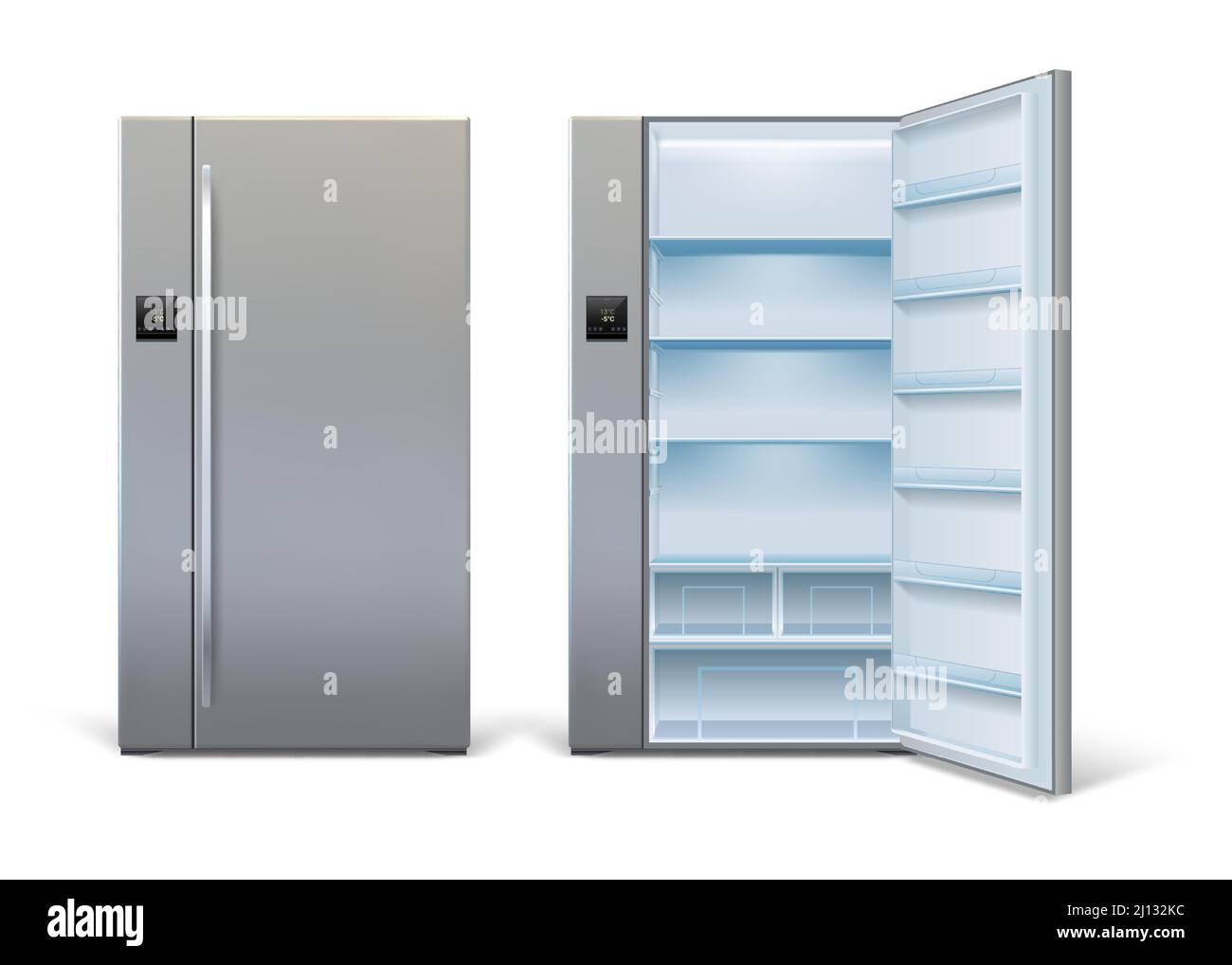 Realistische offene und geschlossene moderne Kühlschrank Mockup mit Regalen. Leeren Sie den großen Kühlschrank mit Sensorfeld. Startseite Küche Kühlschrank Vektor-Set Stock Vektor