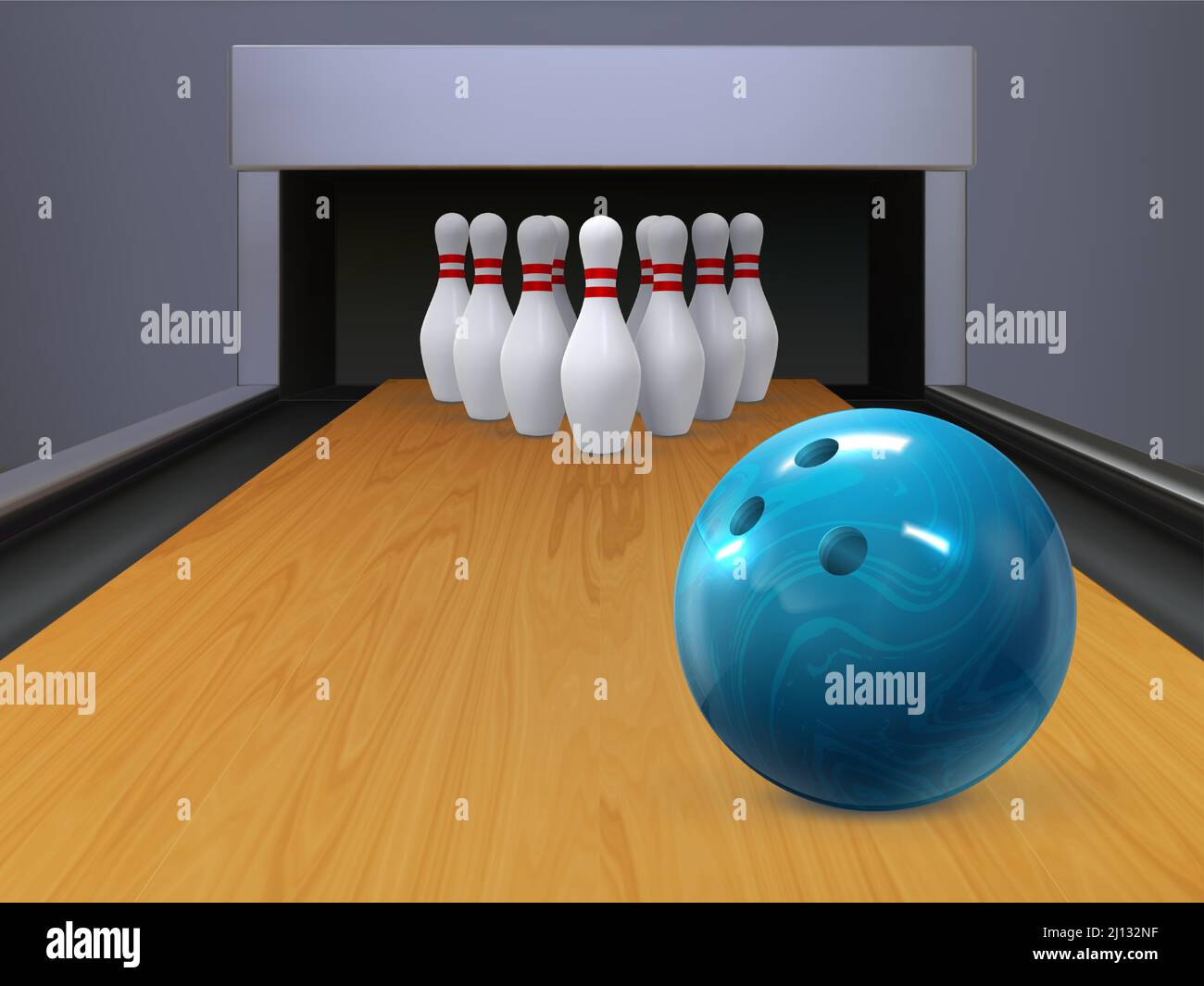 Realistische Bowlingholzbahn mit rollendem Ball und Kegelstiften. Sport Bowl Spiel Wettbewerb Alley. Bowling Club spielen Vektor Hintergrund Stock Vektor
