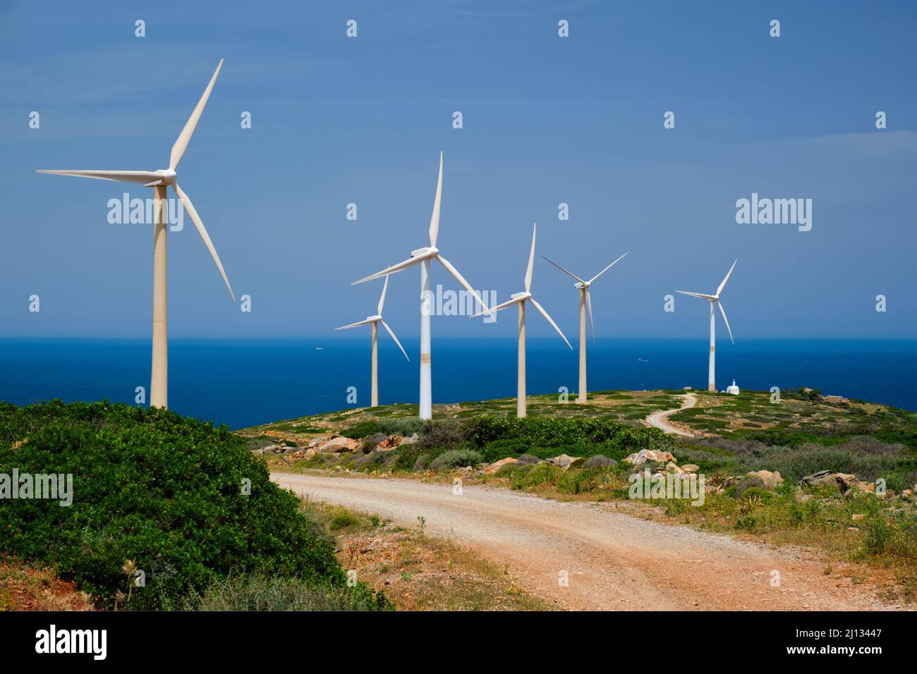 Windenergieanlagen. Kreta, Griechenland Stockfoto