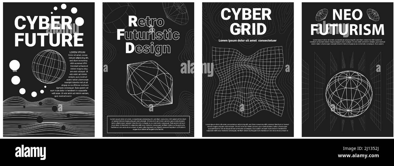 Neo futuristische abstrakte Poster mit Rastern und Drahtgitterrahmen 3D Objekte. Cyberpunk zukünftige geometrische Designs. 90s retro surreal deckt Vektor-Set Stock Vektor