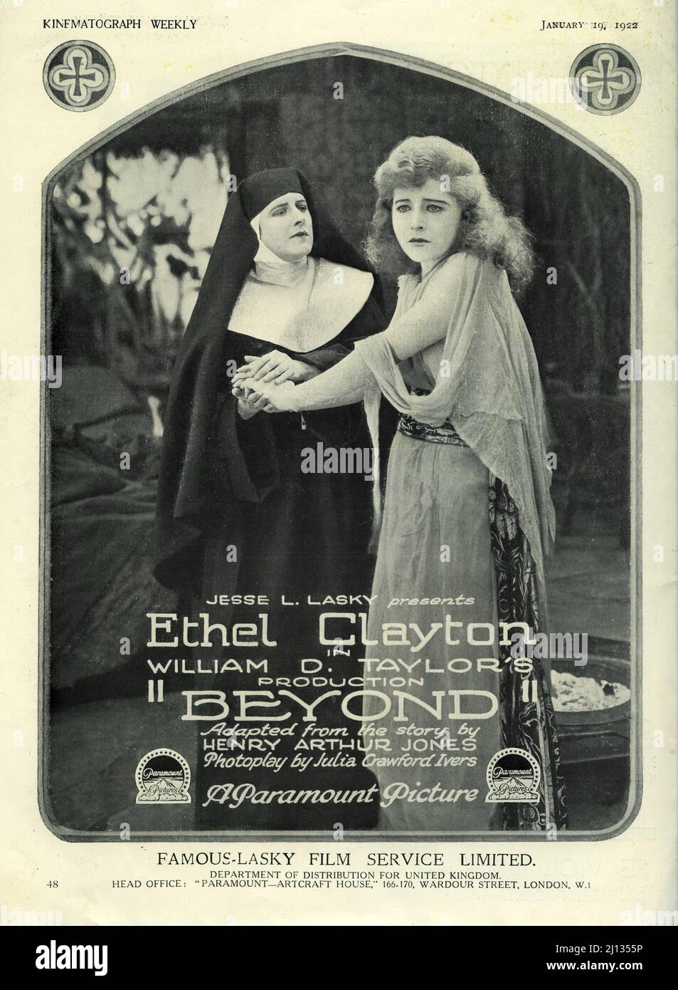 British Trade Ad for ETHEL CLAYTON in BEYOND 1921 spielt der Regisseur WILLIAM DESMOND TAYLOR The Lifted Veil von Henry Arthur Jones Famous Players - Lasky Corporation / Paramount Picters Stockfoto