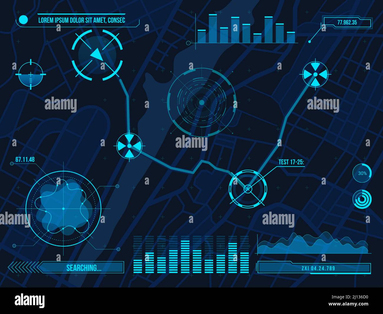 HUD Navigationskarte Cyber Design mit Zielen, Diagrammen und Karten. Futuristische UI für City Streets Roadmap gps Orientierung App Vektor Vorlage Stock Vektor