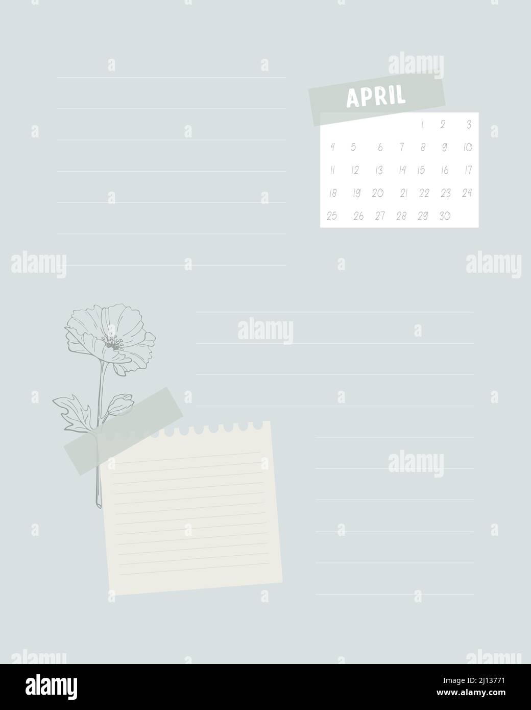 Collage Kalender April 2022 zu tun Liste , Planer Notizen, Mohnkontur , Ideen, Pläne, Erinnerungen. Vektorgrafik Stock Vektor