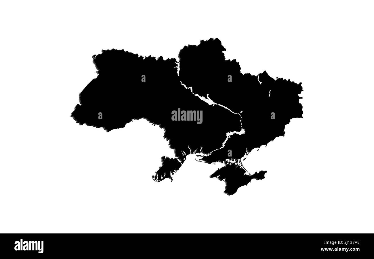Flache Karte der Ukraine auf weißem Hintergrund. Dunkle Silhouette mit Flüssen und Teichen. Stockfoto
