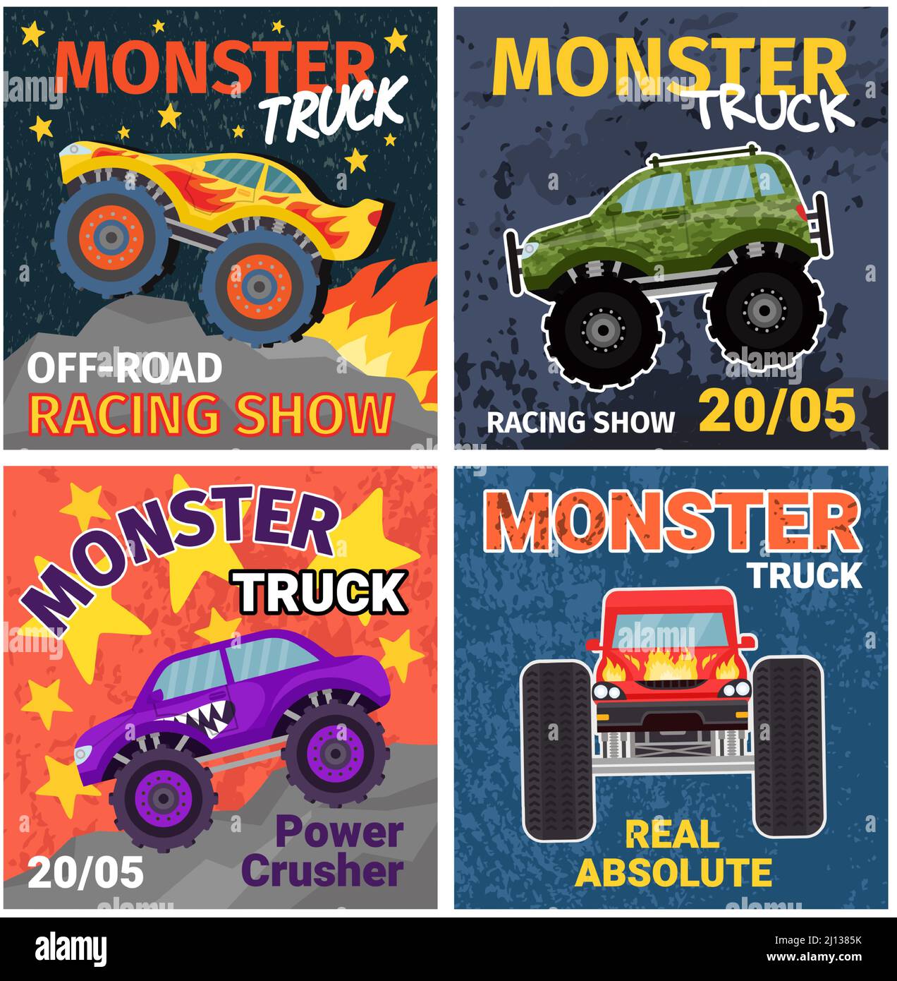 Cartoon Monster Trucks T-Shirt drucken Designs und Poster. Grunge coole extreme Offroad-Rennwagen. Racing zeigen schwere LKW Banner Vektor-Set Stock Vektor