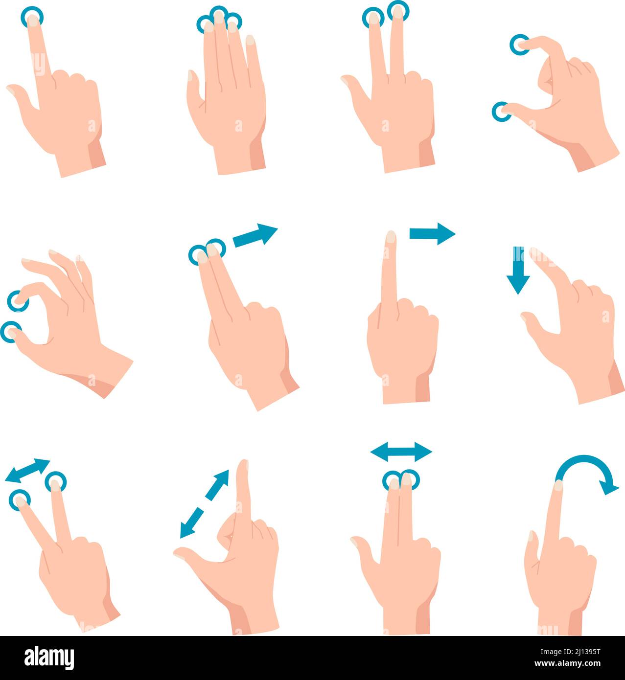 Handgesten für Smartphone, Tablet oder interaktiven Touchscreen des Laptops. Finger wischen, berühren, zoomen, ziehen und drehen Vektorset des Telefonbildschirms Stock Vektor