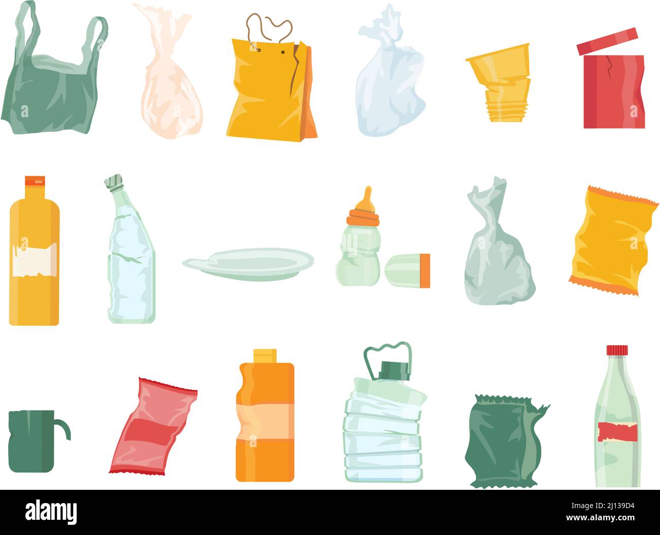 Plastikmüll Verschmutzung, Taschen, Flaschen, Einweg-Geschirr und Verpackung. Sortieren von Müll und Recycling von Kunststoffabfällen. Zeichentrickfilm-Trash-Vektor eingestellt Stock Vektor