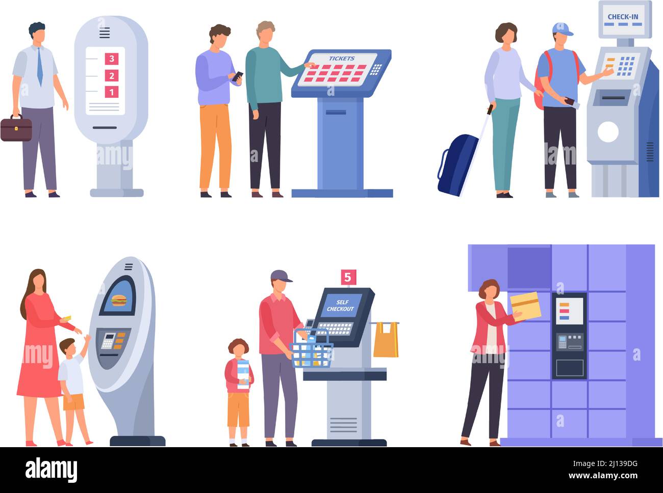 Personen, die selbst bestellen Kiosk, Infotafeln und Kasse. Flache Zeichen bestellen Essen, Tickets und erhalten Post am Terminal Stand Vektor-Set Stock Vektor