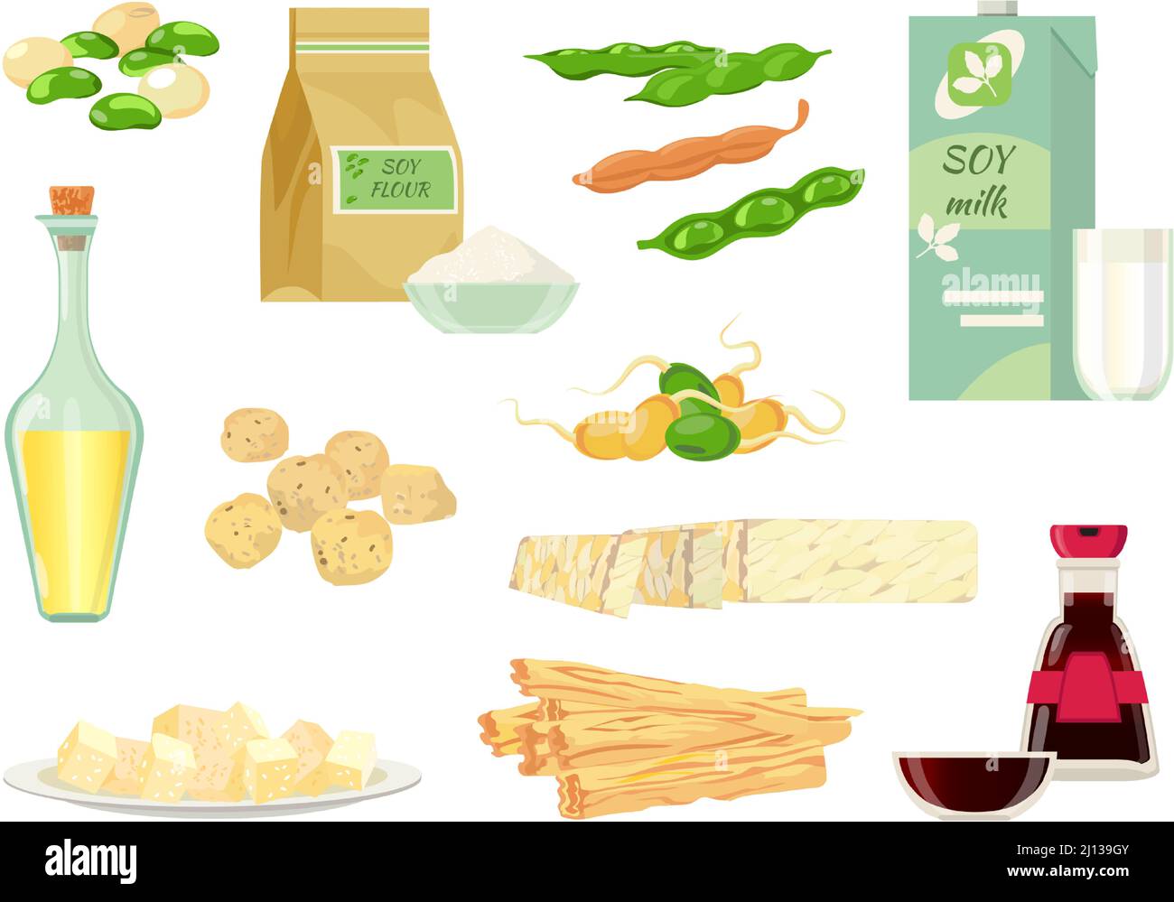 Cartoon Sojabohnen, Öl, Milch, Soße und Tofu. Gesunde grüne Sprossen, Hülsen, Sojafleisch, Mehl und Tempeh. Vegane Soja-Produkte Vektor-Set Stock Vektor