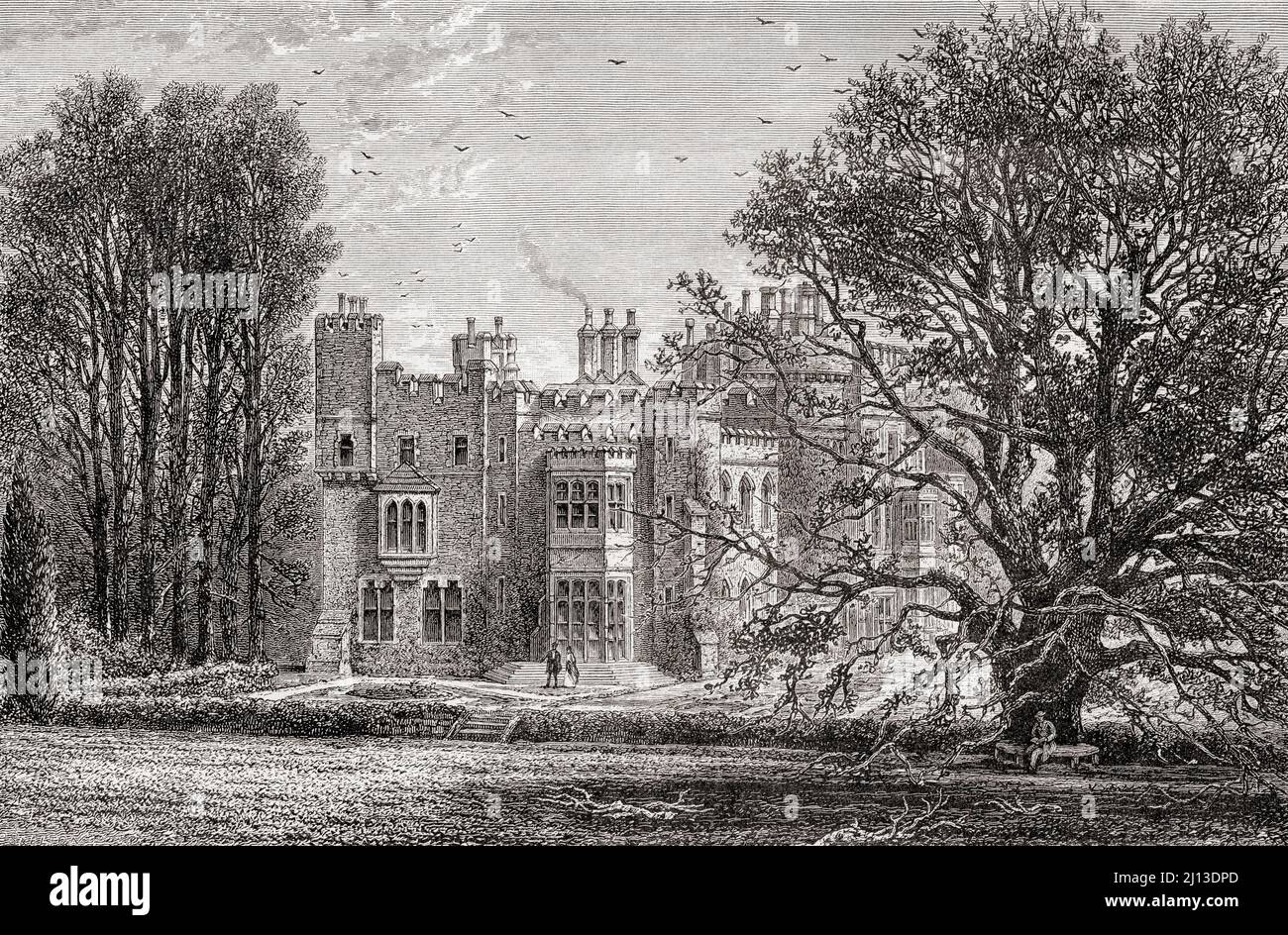 Hawarden Castle, Hawarden, Flintshire, Wales. Es war der Nachlass des ehemaligen britischen Premierministers William Gladstone. Aus Welsh Pictures, veröffentlicht 1880. Stockfoto