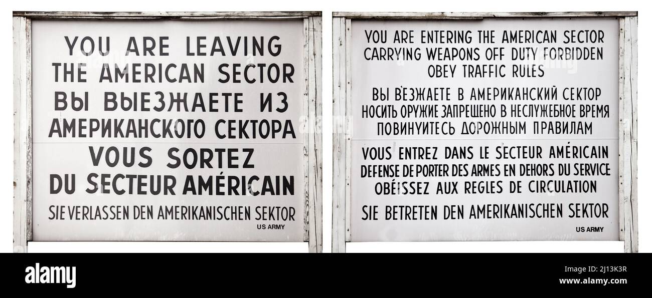 Schild am Checkpoint Charly in Berlin Stockfoto
