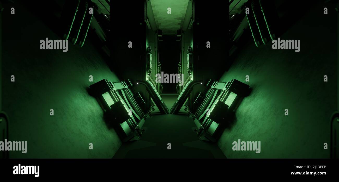 Computerisierte Inter Galactic Underground Hall Korridor Tunnel Led-Lichter Laser Revolutionäre Olivgrün Farben Hintergrundbilder Für Web-Banner Oder Stockfoto