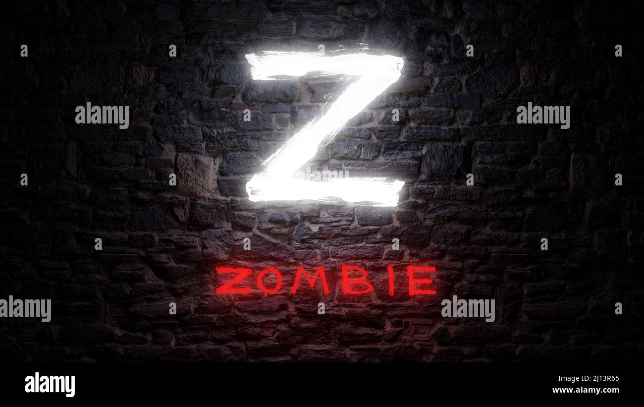 Z. 3D Illustration eines glühenden Briefes an einer dunklen Wand. Zombie-Schriftzug. Stockfoto