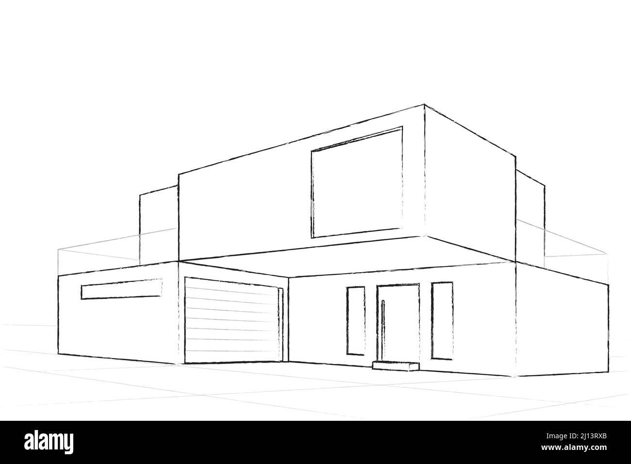Entwurf für ein modernes Gebäude. Architektonischer Plan eines modernen Hauses. Konstruktion Perspektive Architektur Gestaltung Linie Kunst Hintergrund. Vektorillust Stock Vektor