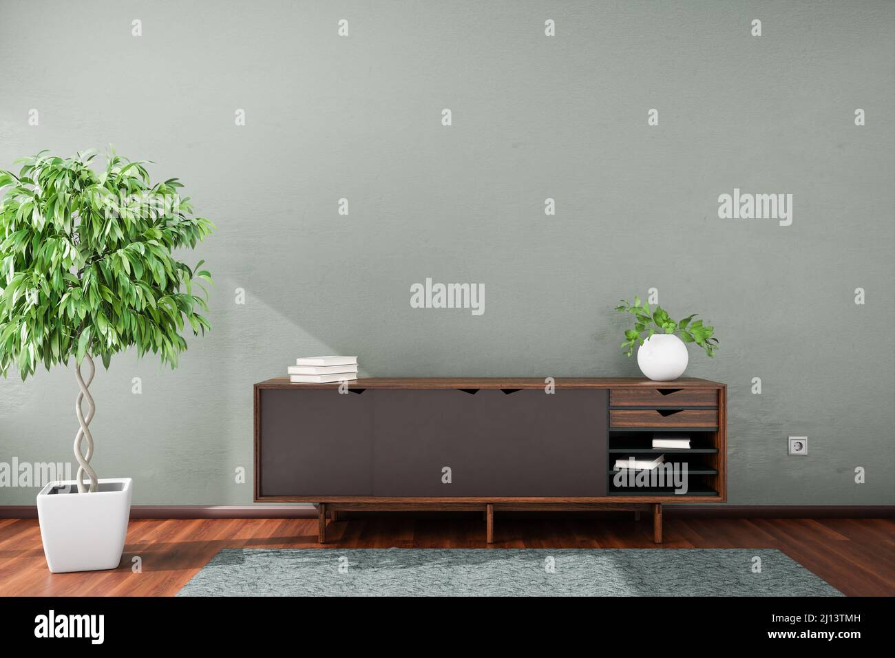 Apartment-Modell mit einer grünen strukturierten Wand mit Sideboard, Porzellanvase, Büchern, Feigenbaum und einem Teppich. Stockfoto