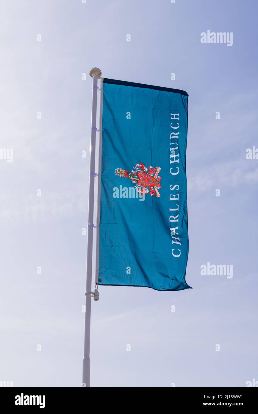 Charles Church Haus Baumeister Werbung Flagge Banner. Bishop's Stortford. VEREINIGTES KÖNIGREICH. Stockfoto
