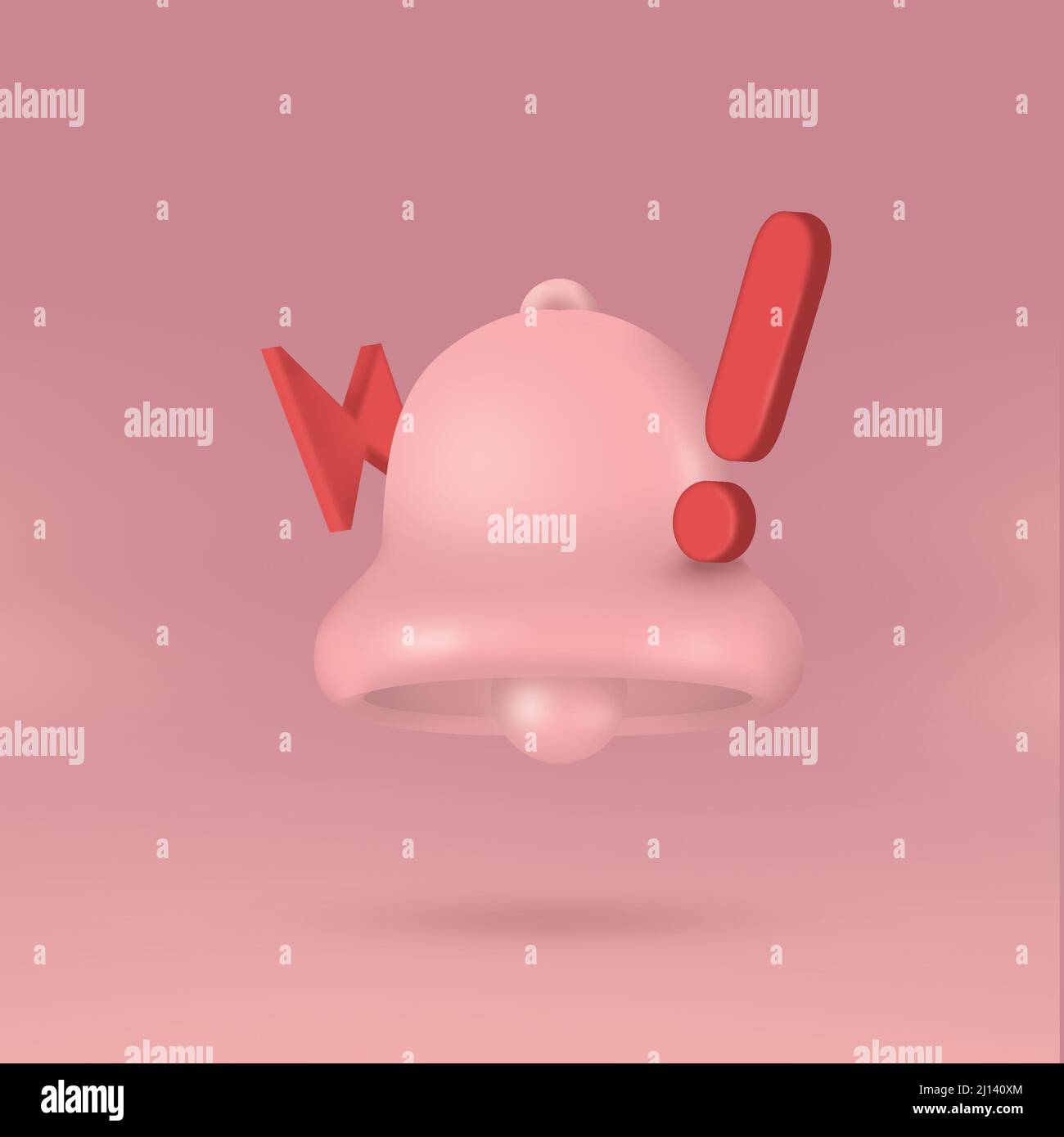 Benachrichtigungssymbol. 3D Wiedergabe einer rosa klingelnden Glocke mit Ausrufezeichen zur Erinnerung an soziale Netzwerke. Stockfoto