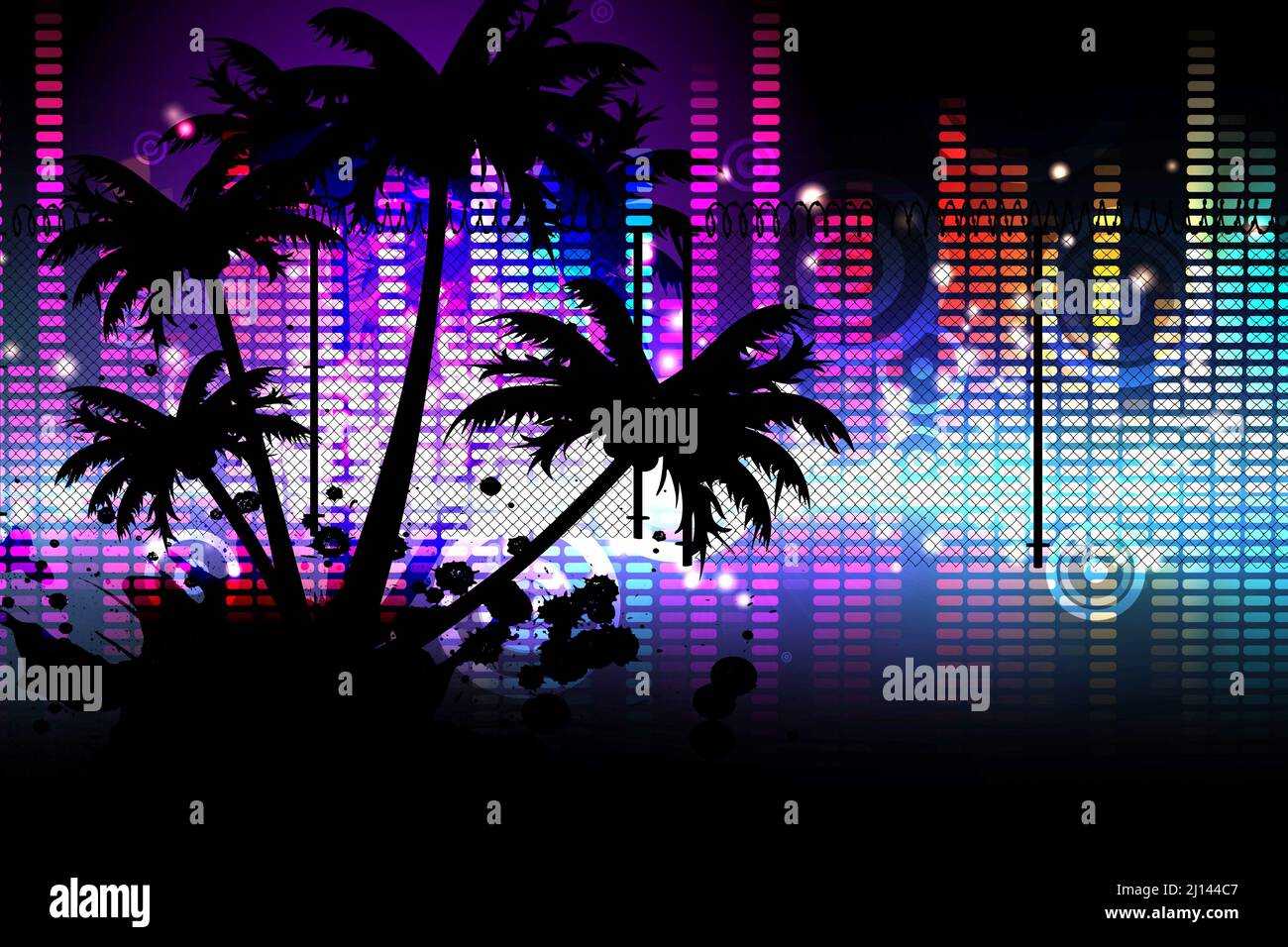 Silhouette von Palmen und Musik-Equalizer vor schwarzem Hintergrund Stockfoto