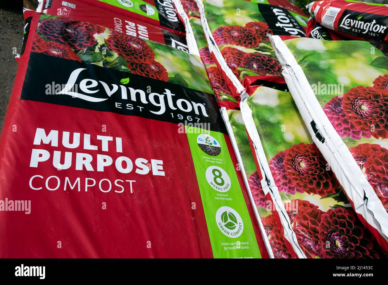 Plastiktüten von Levington Mehrzweckkompost zum Verkauf in einem Gartencenter, um sie beim Gärtnern von Pflanzen, beim Anbau von Gemüse und Obst in Großbritannien zu verwenden Stockfoto