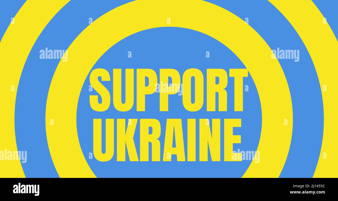 Digital generiertes Bild von Support ukraine Text in gelben und blauen Kreisen Stockfoto