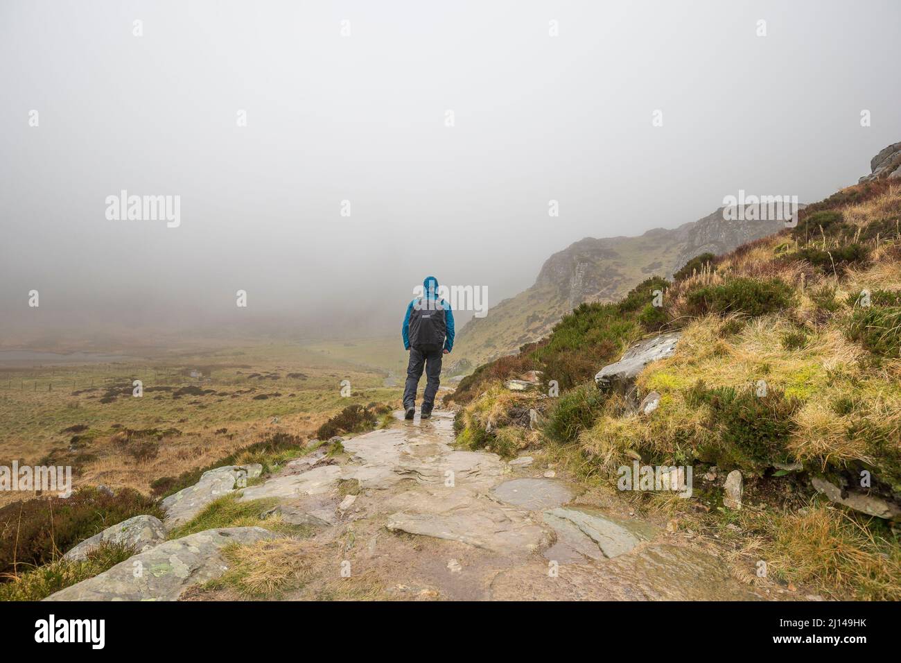 Rückansicht des Mannes, der im Nebel und Regen auf dem Berg im Snowdonia National Park, North Wales, Großbritannien, läuft, mit Wasserabzeichen und Rucksack auf dem Rücken trägt. Stockfoto