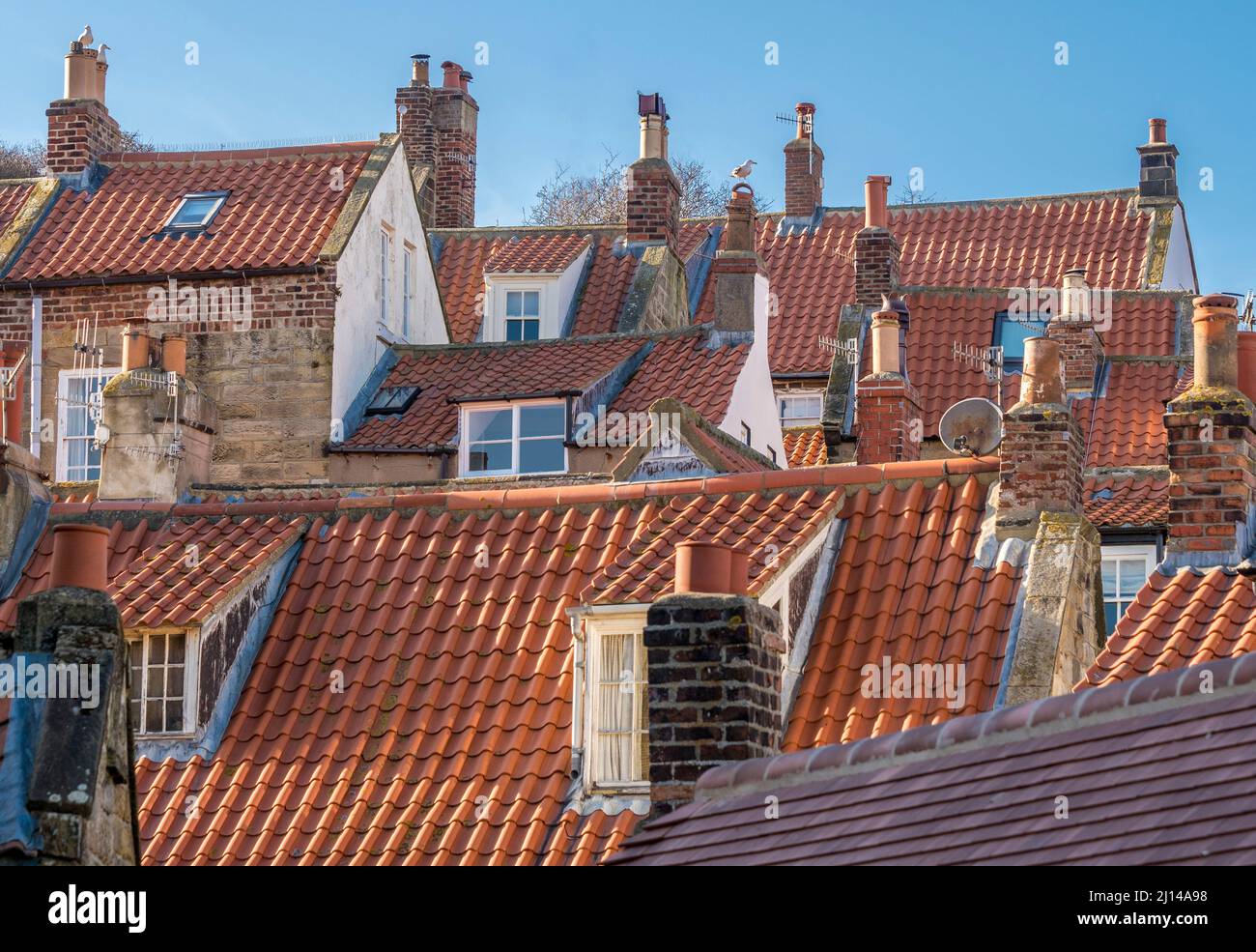 Dächer der Hütte am Meer von Robin Hoods Bay, North Yorkshire. Stockfoto